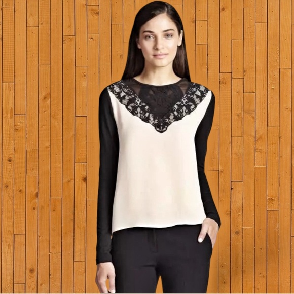 Diane Von Furstenberg ‘Nadia’ Lace Paneled Silk Long Sleeve Top Size 2 - Picture 1 of 15